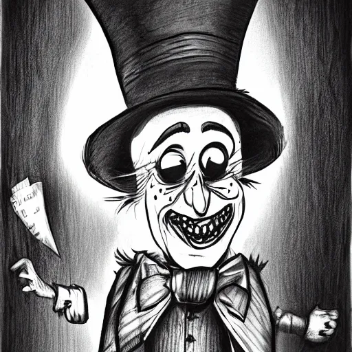 Image similar to a Pop Wonder scary horror themed goofy-hilarious-character Mad-Hatter-babadook-wearing a scarf, 3-piece-suit, dime-store-comic drawn with charcoal and pen and ink, half-tone-line-stacking