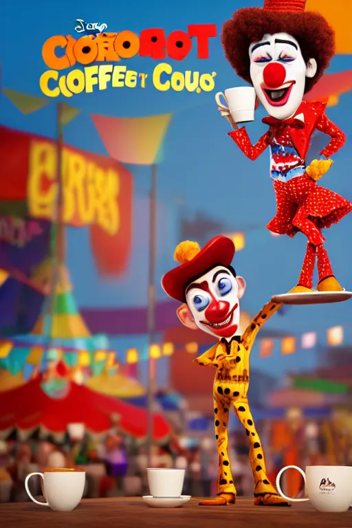Prompt: portrait of a clown holding a cup of coffee with the circus in background, full body. pixar disney 4 k 3 d render funny animation movie oscar winning trending on artstation and behance