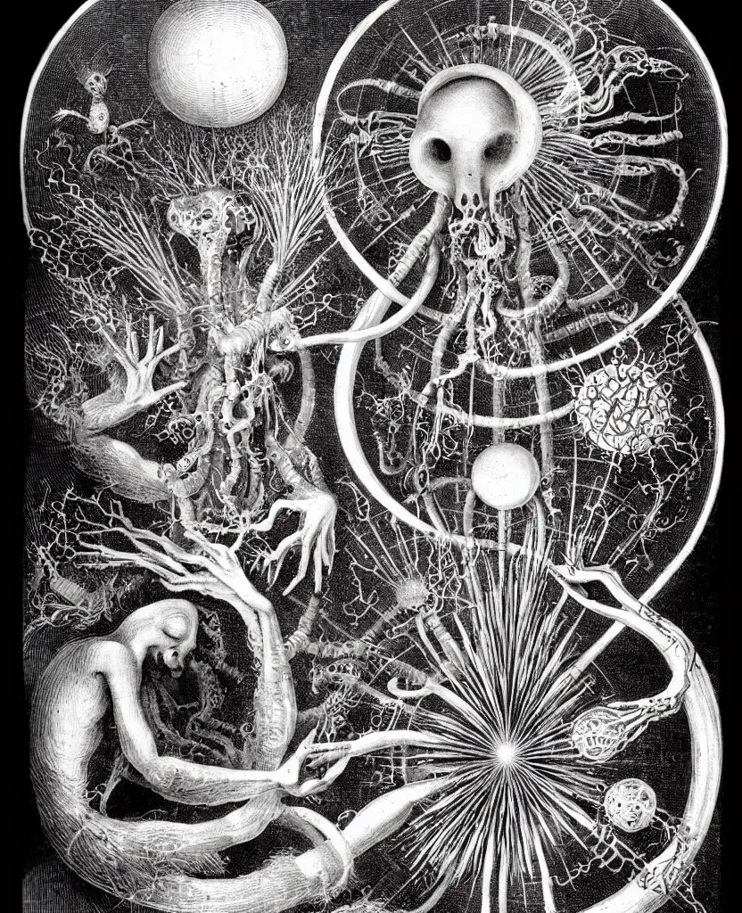 Image similar to whimsical freaky creature sings a unique canto about'as above so below'being ignited by the spirit of haeckel and robert fludd, breakthrough is iminent, glory be to the magic within