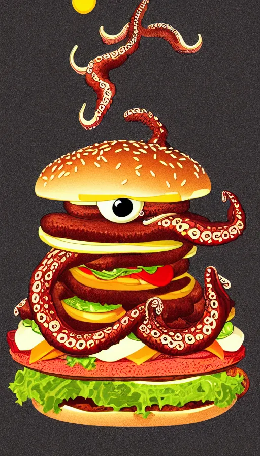 Image similar to illustration of a an octopus inside a cheeseburger, highly detailed, 8 k, vintage, screen print, trending on artstation