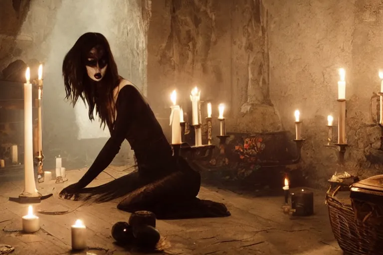 Image similar to VFX movie of ascending goth woman in the decadent attic, demonic magic ritual, candles, glowing eyes, natural lighting at night by Emmanuel Lubezki