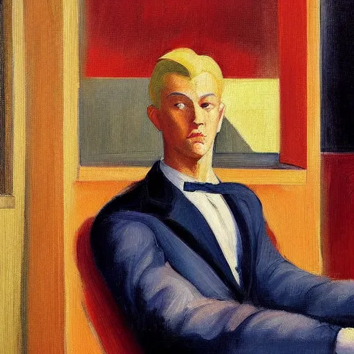 Image similar to a detailed painting, blonde man at a bar alone, edward hopper,