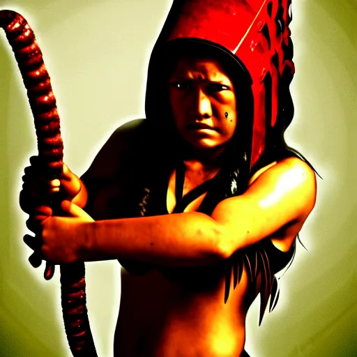 Prompt: Sheva Alomar as native girl fighting large worm, by Buckethead on Deviantart