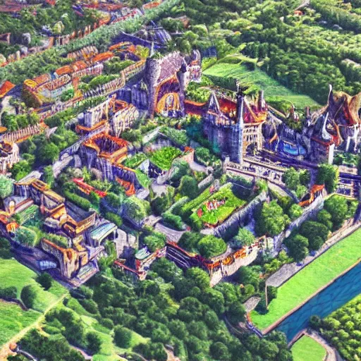 Prompt: A beautiful landscape of a city, with a castle and gardens in the middle, digital art, aerial view