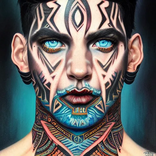 Image similar to ultra realistic portrait painting of a perfect handsome man blue eyes black hair, neck tribal snake tattoo, painted by Tristan Eaton Stanley Artgerm and Tom Bagshaw