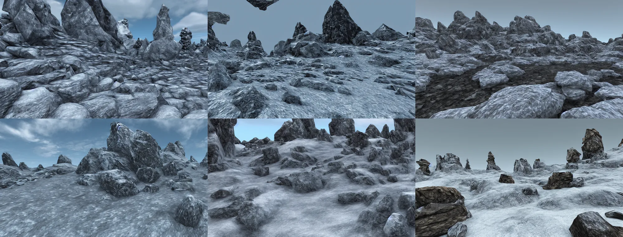 Prompt: snowy tundra with rocks. 3D Landscape. Skyrim