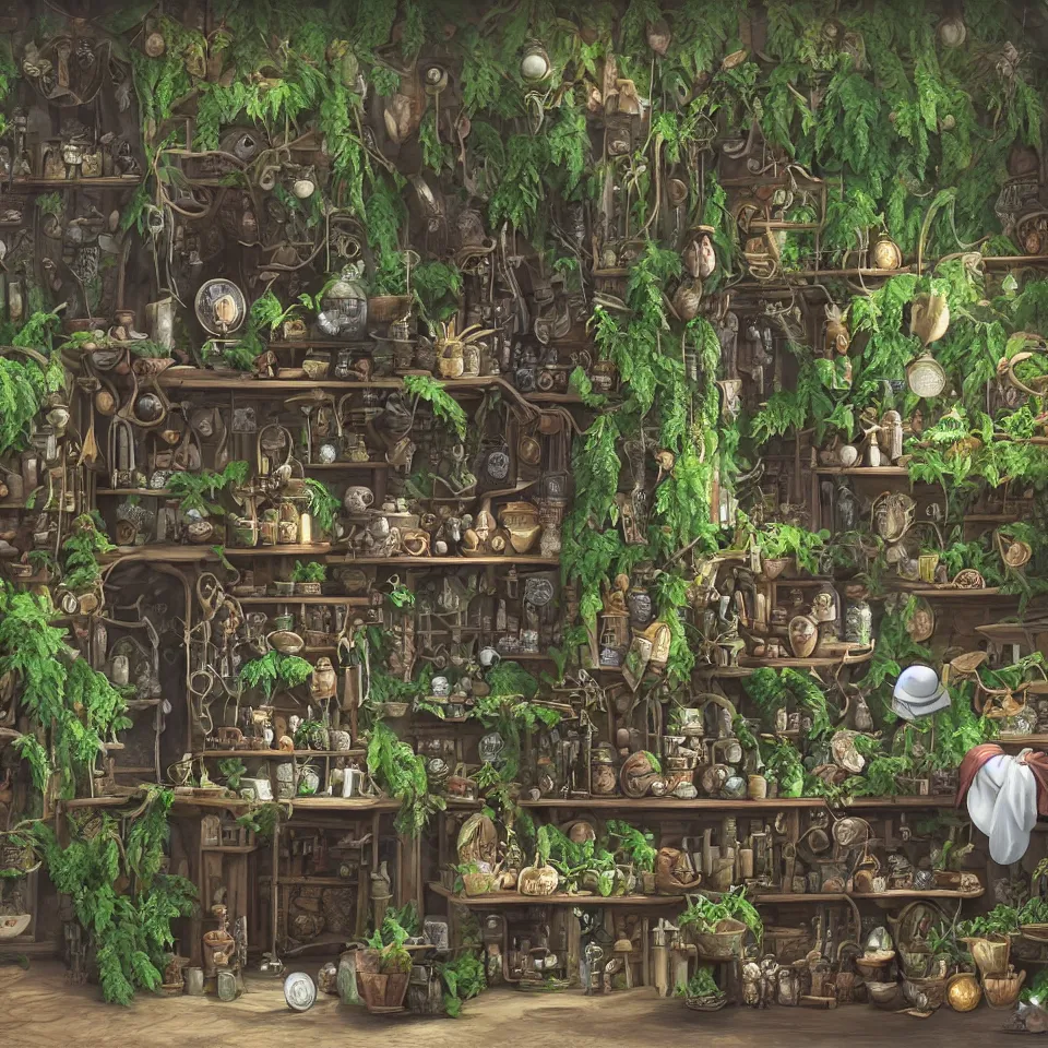 Prompt: small witch shop, counter, cauldrons, potions, visitor in a pointy hat, owls, ferns and vines, highly detailed, sharp focus, matte painting, by studio ghibli, by giovani magana,