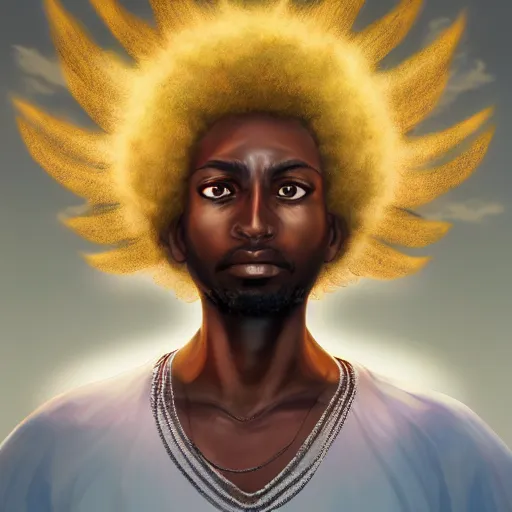 Image similar to Portrait of a Afro caribbean with angel wings, and a glowing halo, white lighting, digital art by Eiichiro Oda, highly detailed, trending on artstation, award winning,