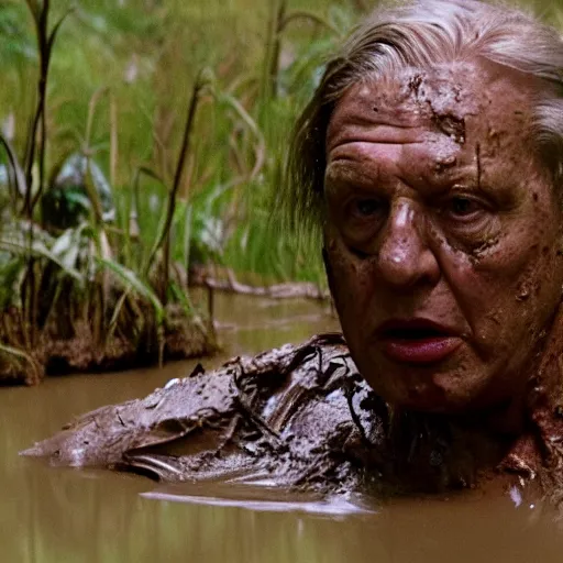 Image similar to cinematic still of sir david attenborough, covered in mud and watching a predator in a swamp in 1 9 8 7 movie predator hd, 4 k