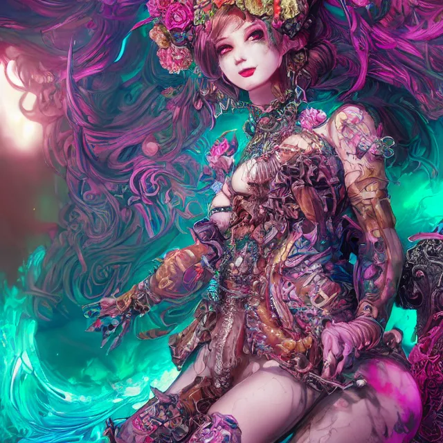 Prompt: the portrait of chaotic evil fallen sensual colorful female necromancer overlord as absurdly beautiful, gorgeous, young idol, an ultrafine hyperdetailed illustration by kim jung gi, irakli nadar, intricate linework, bright colors, octopath traveler, final fantasy, unreal engine 5 highly rendered, global illumination, radiant light, detailed and intricate environment