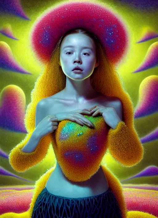 Image similar to hyper detailed 3d render like a Oil painting - kawaii portrait Aurora (serious honey haired hacker girl Singer) seen Eating of the Strangling network of yellowcake aerochrome and milky Fruit and Her delicate Hands hold of gossamer polyp blossoms bring iridescent fungal flowers whose spores black the foolish stars by Jacek Yerka, Mariusz Lewandowski, Houdini algorithmic generative render, Abstract brush strokes, Masterpiece, Edward Hopper and James Gilleard, Zdzislaw Beksinski, Mark Ryden, Wolfgang Lettl, hints of Yayoi Kasuma, octane render, 8k