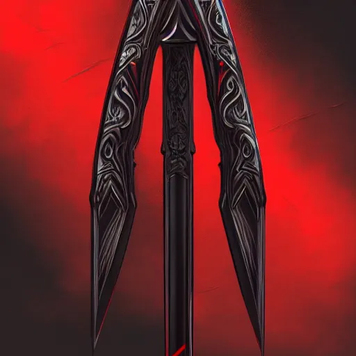 Prompt: symmetric, black and red fantasy sword, crude, highly detailed, digital painting, 4k, HDR, concept art, smooth, sharp focus, illustration, matte finish, high contrast, 3d depth, masterpiece, vivid colors, fitz henry lane