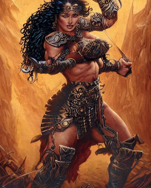 Image similar to a beautiful and strong female warrior by Boris Valejo and Laura Sava and Jeff Easley