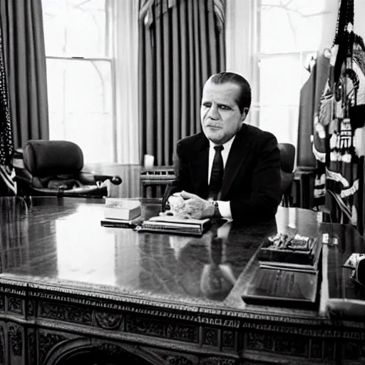 Prompt: Nixon drinking heavily in the oval office, historical photo
