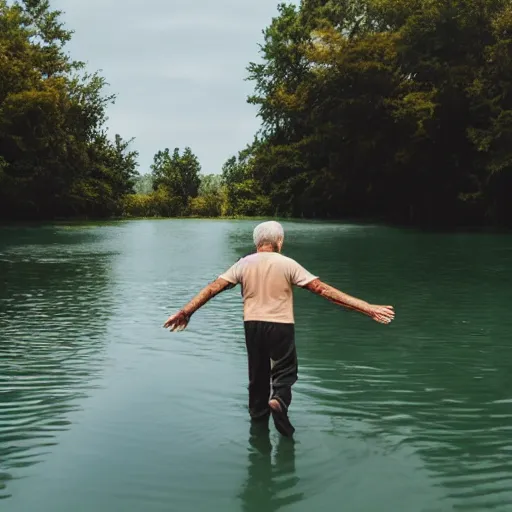 Prompt: a smiling old man walking on water