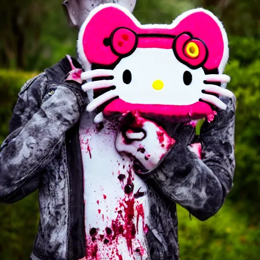 Prompt: Zombie Hello Kitty Cosplay, EOS-1D, f/1.4, ISO 200, 1/160s, 8K, RAW, unedited, symmetrical balance, in-frame
