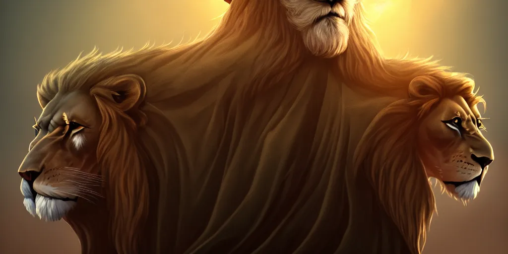 Image similar to hooded wise old man ( long white beard wearing a brown tunic ), riding majestically on a beautiful lions back, epic digital art, cinematic, trending on artstation, superb detail 8 k masterpiece