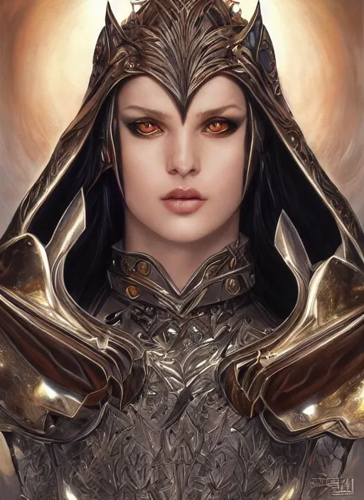Image similar to a highly detailed symmetrical body shot and face of a evil female fantasy paladin sorceress with piercing beautiful eyes, art by artgerm and karol bak and mark brooks and donato giancola and bayard wu, oil painting, reallusion character creator, depth perception, elegant, intricate