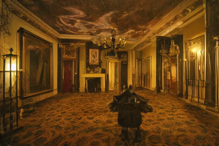 Prompt: full - color digital photo of the interior of a spooky elegant mansion at night. the interior architecture and layout are narrow, labyrinthine, illogical, surreal, bizarre, and complicated. there is a faintly - visible victorian ghost lurking. highly - detailed high - resolution photography.