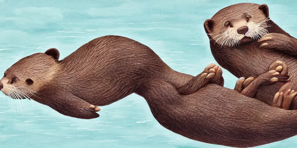 Image similar to otters hold hands while they sleep so nobody will drift away to the sea during the stormy night , fantasy illustration, cinematic, award winning, romantic, detailed trending on artstation, masterpiece