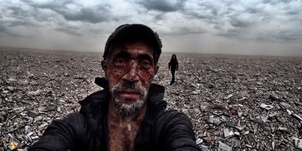 Prompt: selfie of the last person in the world after apocalypse