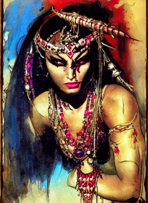 Image similar to portrait of muscular indian vampiress, jeweled veil, strong line, saturated color, beautiful! coherent! by frank frazetta, high contrast, minimalism