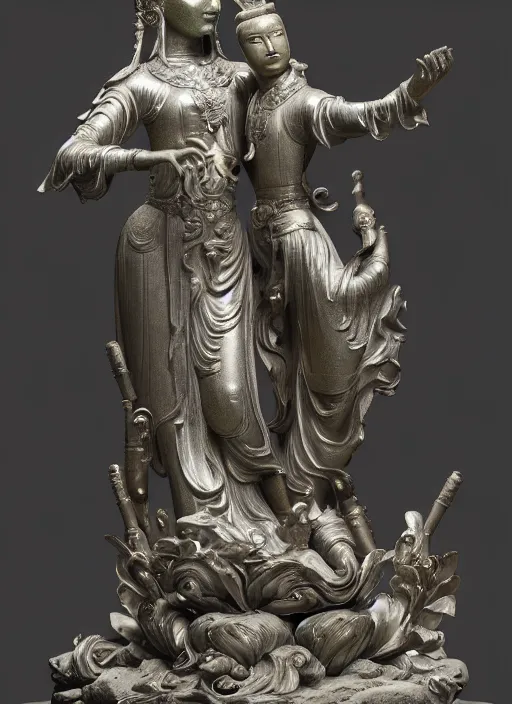 Image similar to a art deco sculpture statue of full body guanyin, intricate complexity,, statue by jane hamilton, ruan jia, character concept, radiant light,, frostbite 3 engine, cryengine, dof, trending on artstation, digital art, fantasy detailed abackground