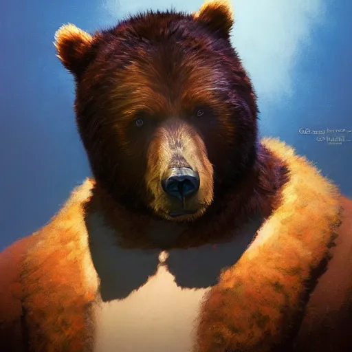 Image similar to 4k headshot portrait of werebear by Craig Mullins, ilya kuvshinov, krenz cushart, epic , artgerm trending on artstation by Edward Hopper and Dan Mumford and WLOP and Rutkovsky, beksinski carl spitzweg moebius and tuomas kocar, intricate artwork by caravaggio, Unreal Engine 5, Lumen, Nanite , intricate face , flawless anime cel animation by Kentaro Miura, psychedelic , highly detailed upper body , professionally post-processed , beautiful, scary, symmetry accurate features, epic, octane rendered, anime masterpiece, accurate