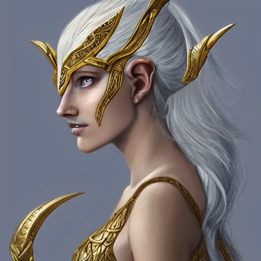 Prompt: side portrait!!! of a female elven warrior, fantasy, head tilted down, white hair, gold armour, gold jewelry, white skin, detailed face, trending on artstation, gsociety, D&D, elegant, highly detailed, sophisticated, hyperrealistic!!!!!, detailed illustration, smooth, sharp focus, upper body, intricate, rule of thirds, holy glow, backlit, hd 4k by Greg Rutkowski, Charlie Bowater, Karol Bak