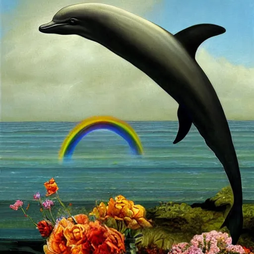 Image similar to a hyper realistic painting of the grim reaper on the back of a dolphin that is jumping over a rainbow, by james c christensen,