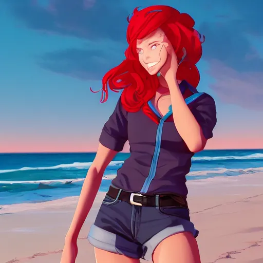 Image similar to character deisgn by lois van baarle, artgerm, helen huang, by makoto shinkai and ilya kuvshinov. cute scarlet red haired cybertronic woman, steel gray body, denim shorts, jacket, wandering at beach at sunset, pretty smile, elegant, octane render, exaggerated proportions, looking at camera