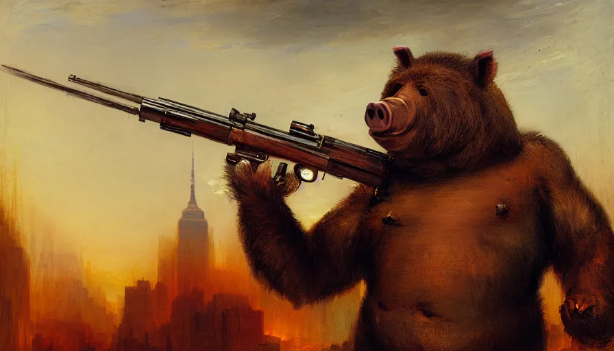 Image similar to highly detailed painting of a humanoid half bear half man pig creature in a nypd uniform, shotgun in hand, streets of nyc, by william turner, by greg rutkowski, by william constable, thick brush strokes and visible paint layers, 4 k resolution