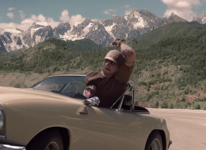 Image similar to a very high resolution image from a new movie, eminem driving a car. mountains, directed by wes anderson