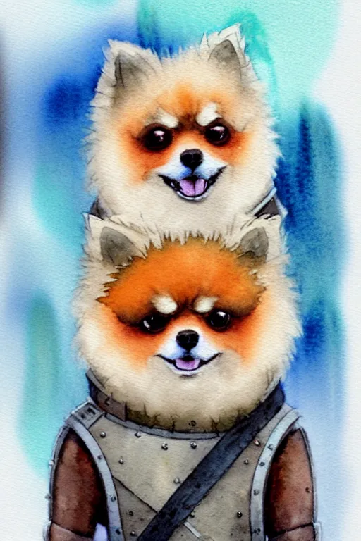 Image similar to a simple and atmospheric watercolour fantasy character concept art portrait of a robotic pomeranian as a druidic warrior wizard looking at the camera with an intelligent gaze, very muted colors, by studio ghibli