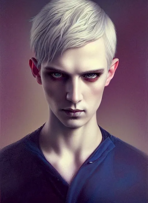 Image similar to an unnerving portrait of a male with beautiful blue eyes and short blond hair, art tom bagshaw