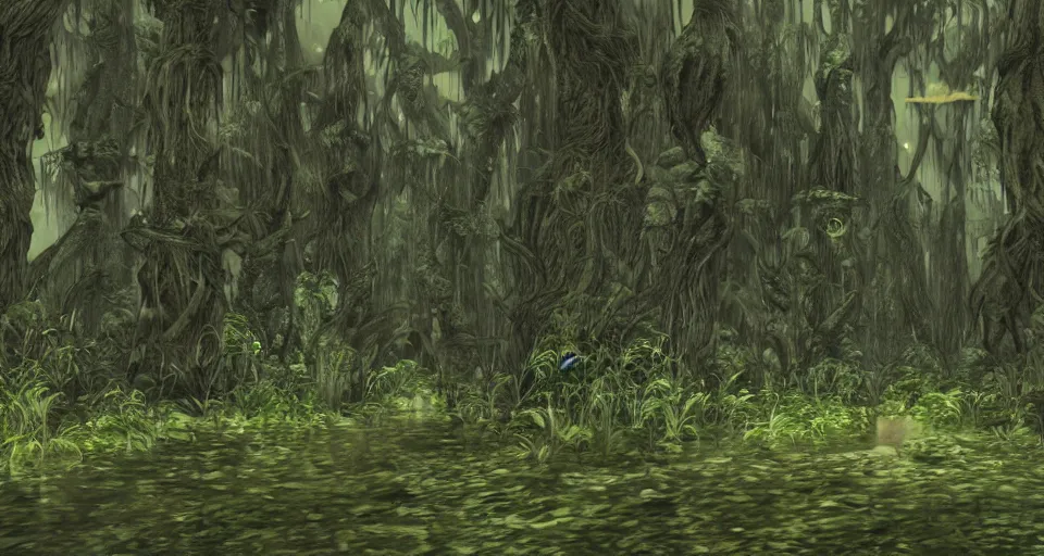 Prompt: A dense and dark enchanted forest with a swamp, from FF7