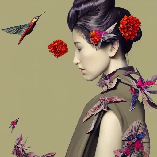 Image similar to 3 / 4 view of a beautiful girl wearing an origami dress, eye - level medium shot, fine floral ornaments in cloth and hair, hummingbirds, elegant, by eiko ishioka, givenchy, edward hopper, by peter mohrbacher, centered, fresh colors, origami, fashion, detailed illustration, vogue, high depth of field, japanese, reallusion character creator