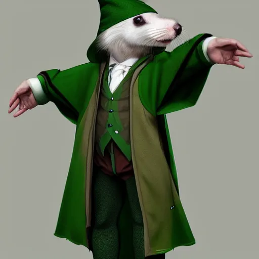 Image similar to a anthropomorphic ferret is dressed as a hogwarts student in slytherin robes, hyperdetailed, artstation, cgsociety, 8 k