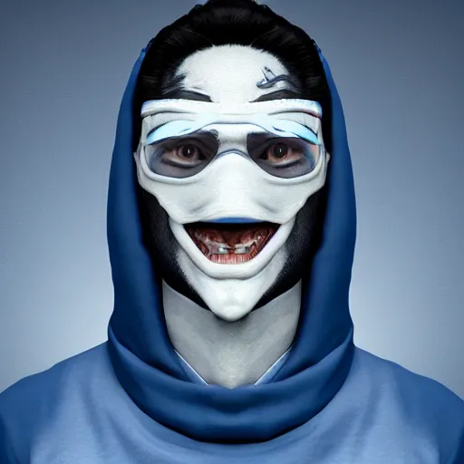 Image similar to a highly detailed, portrait of a man with black hair with a black medical mask, in a hood in the form of a blue shark with white teeth, artstation, DeviantArt, professional, octane render, digital art