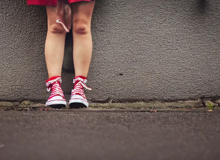 Image similar to side view of the legs of a woman sitting on the ground on a curb, very short pants, wearing red converse shoes, wet aslphalt road after rain, blurry background, sigma 8 5 mm