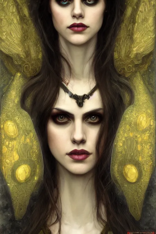 Image similar to portrait of beautiful gothic Alexandra Daddario, cyberpunk, Warhammer, highly detailed, artstation, illustration, art by Gustav Klimt