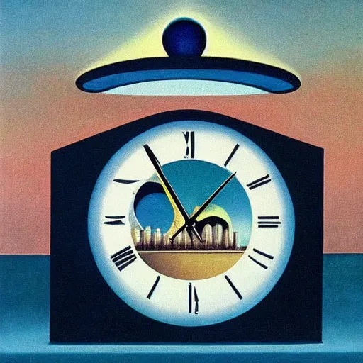 Image similar to synchronicity clock illustration detailed surrealism rene magritte