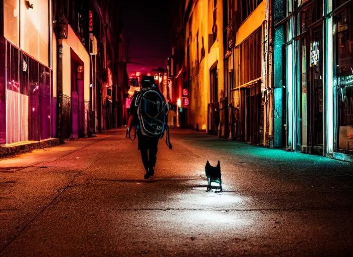 Image similar to photography of a Cat carrying a backpack . in a cyberpunk street. award winning photo, led lighting, night, 24mm, sharp, high res