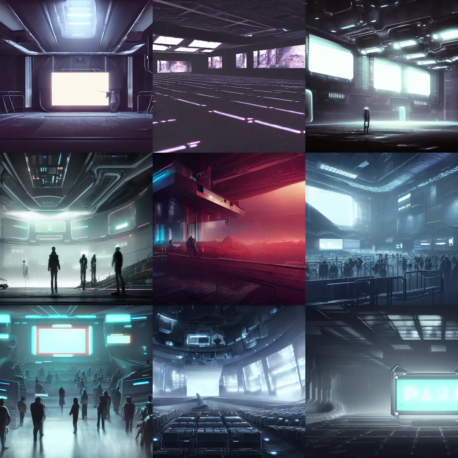 Prompt: digital concept art of a very small!!! dark futuristic show venue with a large bright screen in front of twenty people, grey, realistic, octane render, high detail, environment, sharp focus, artstation