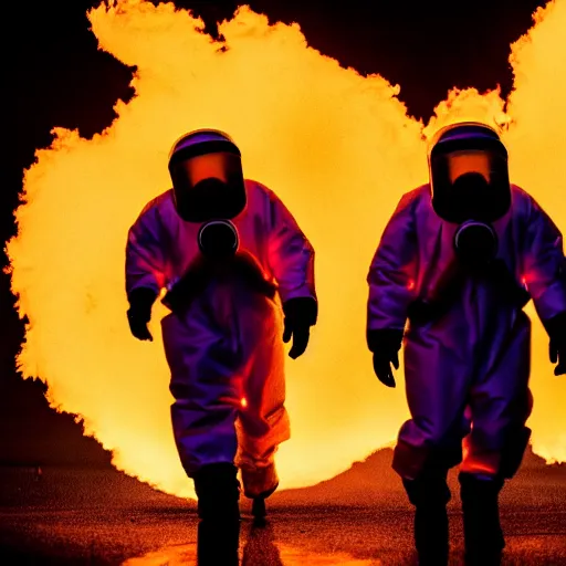 Image similar to men in reflective hazmat suits shooting flamethrowers at dark silhouette aliens, cinematic still