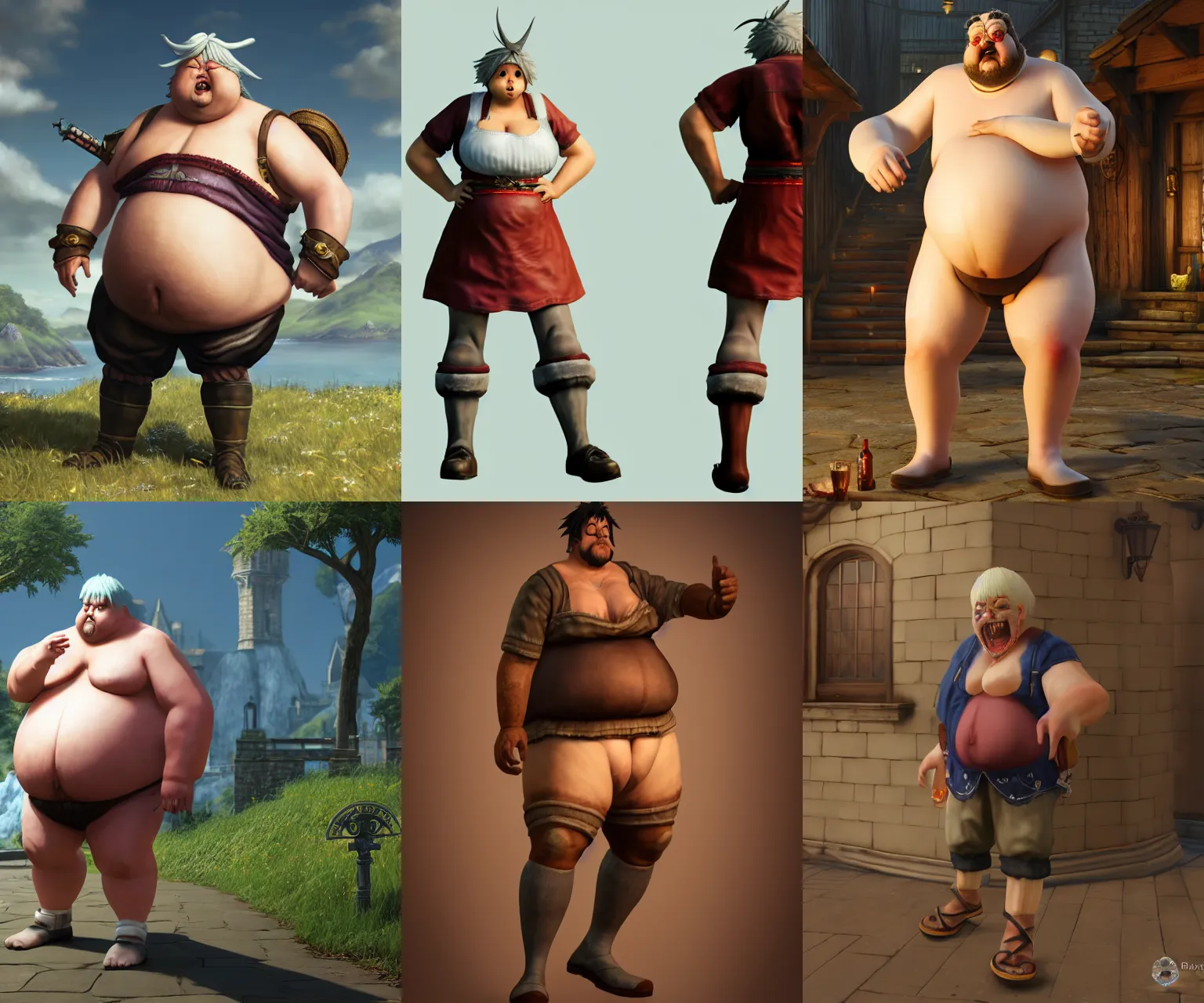 Prompt: incredibly realistic, too detailed fullbody of obese drunkard, skinny legs, long legs, octane render, bump mapping, global illumination, 8 k, bokeh, xenoblade, d & d, elder scrolls, one piece