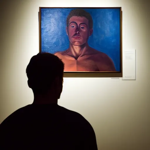 Image similar to A man staring at a painting of himself staring back. Modern art gallery. Wide angle. Photorealistic. Dramatic lighting. Award winning photography. 35mm photograph.