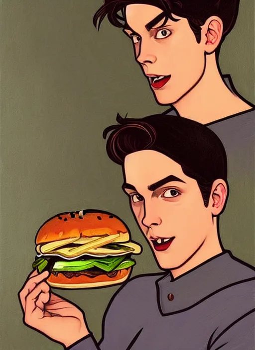 Prompt: oil painting, jughead jones wears a light grey crown, and devours a hamburger, intricate, elegant, highly detailed, lighting, painting, artstation, smooth, illustration, art by greg rutowski and alphonse mucha