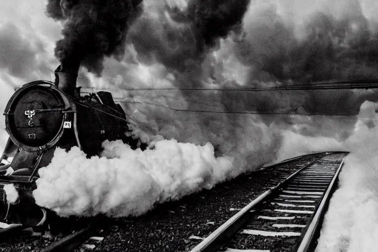 Image similar to black and white photograph of snowpiercer thundering down the rails at high speed, black smoke coming from the locomotive, cinematic, volumetric light, f 6 aperture, cinematic eastman 5 3 8 4 film