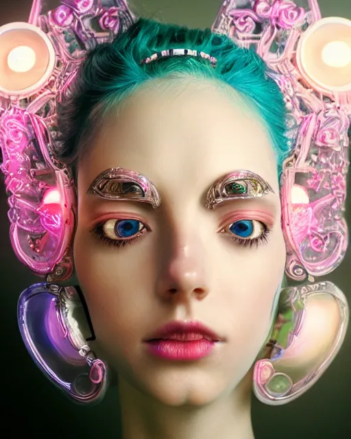 Image similar to natural light, soft focus portrait of an android with soft synthetic pink skin, blue bioluminescent plastics, smooth shiny metal, elaborate ornate head piece, piercings, skin textures, by annie liebovotz, paul lehr